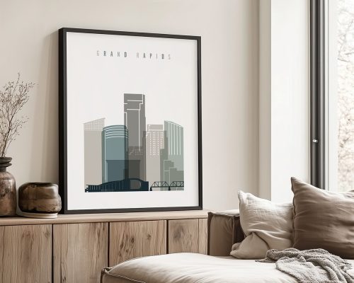 Framed cityscape print of Grand Rapids featuring modern buildings in muted colors.