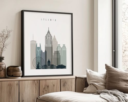 Art print of the Atlanta city skyline featuring various iconic buildings and structures.
