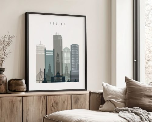 Framed cityscape print of Boston featuring various skyscrapers and buildings in a minimalist style.