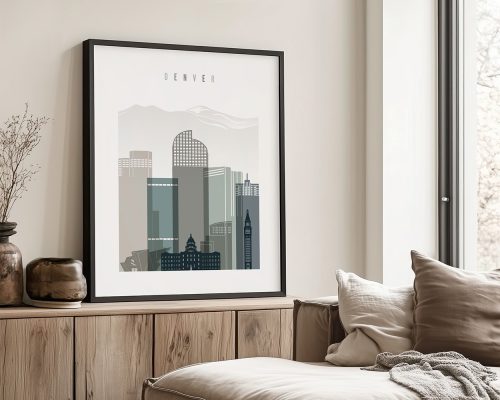 Framed art print of a cityscape featuring Denver's skyline with mountains in the background.