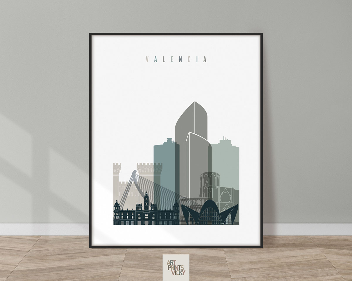Stylized illustration of Valencia's skyline featuring notable buildings and structures.