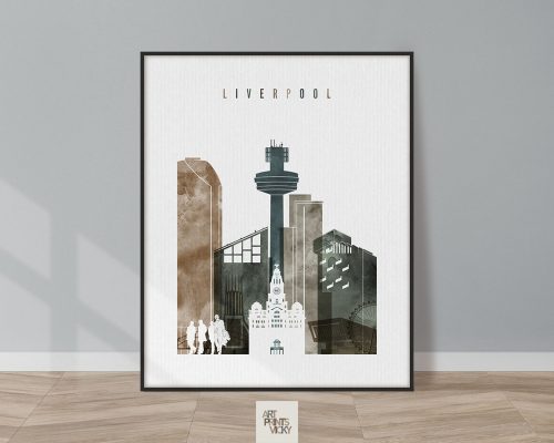 Art print featuring a stylized cityscape of Liverpool with notable buildings and silhouettes.