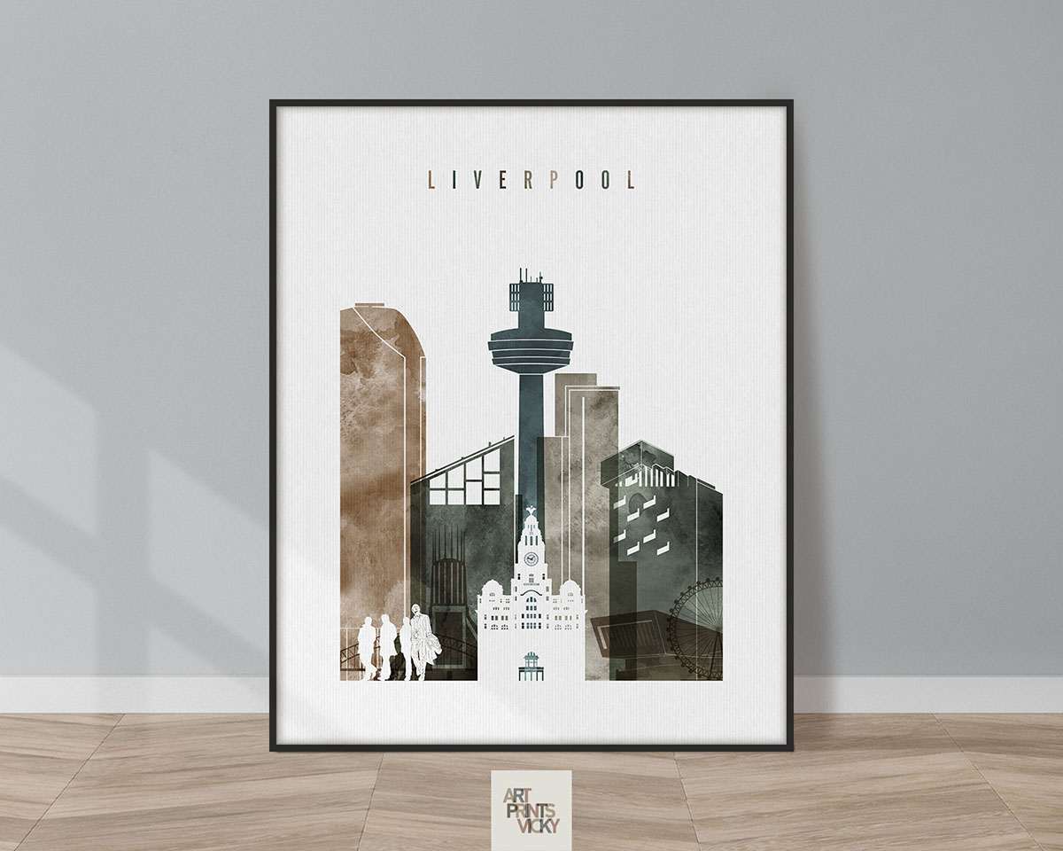 Art print featuring a stylized cityscape of Liverpool with notable buildings and silhouettes.
