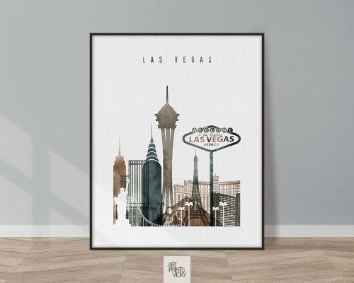 Art print featuring a stylized cityscape of Las Vegas with notable buildings and landmarks.