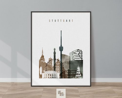 Art print featuring a stylized skyline of Stuttgart with notable buildings and structures.