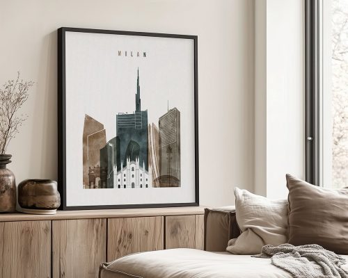 Framed artwork depicting a cityscape of Milan with various buildings and structures.