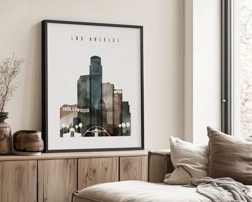 Art print featuring a stylized cityscape of Los Angeles with the word 'Hollywood'.