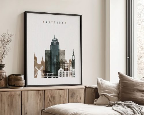 Framed print of Amsterdam's skyline featuring buildings and a windmill in a minimalist style.