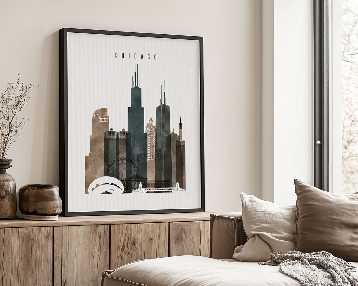 Framed artwork depicting a cityscape of Chicago with notable buildings and skyline.