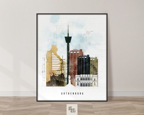 Illustration of Gothenburg featuring buildings and a tower in a watercolor style.