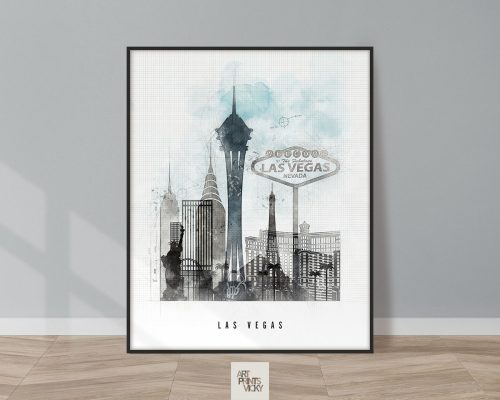 Artistic depiction of Las Vegas skyline featuring iconic buildings and the Las Vegas sign.