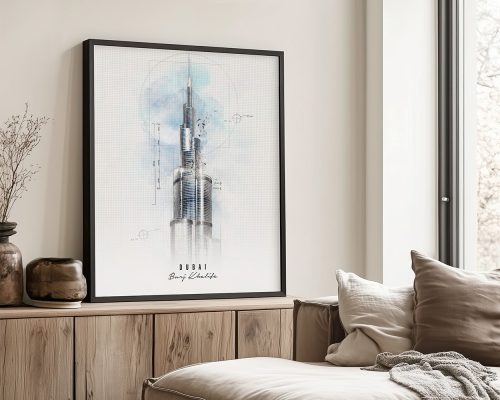 Art print of the Burj Khalifa in Dubai with a minimalist design and light colors.