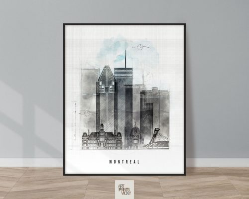 Art print of the Montreal skyline featuring various buildings in a monochromatic style.