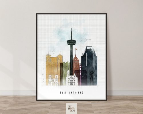Art print featuring a cityscape of San Antonio with notable buildings and the Tower Life Building.