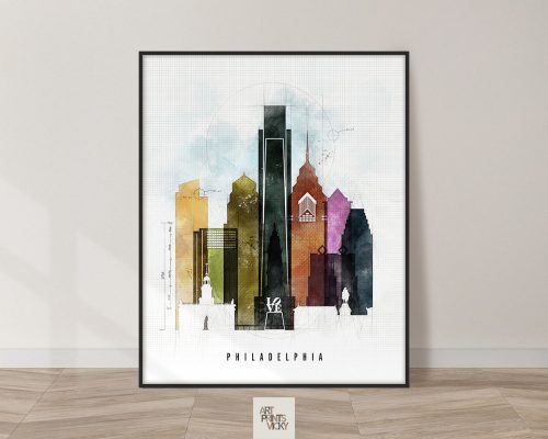 Art print of the Philadelphia skyline featuring various buildings in a watercolor style.