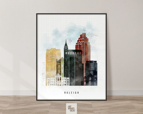 Art print featuring a stylized cityscape of Raleigh with various building designs and colors.