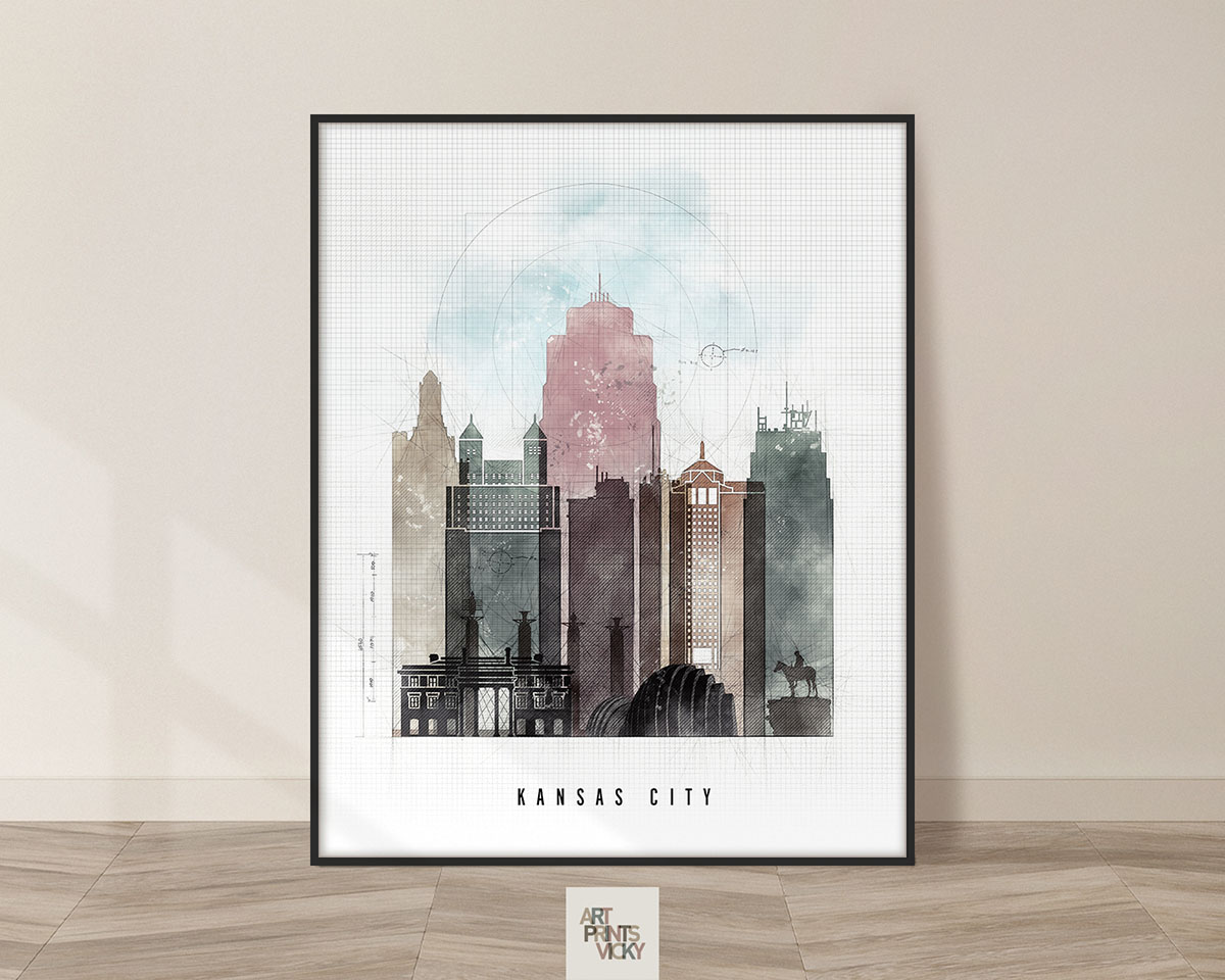 Art print featuring a stylized cityscape of Kansas City with various buildings and a light blue background.