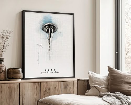Framed artwork of the Seattle Space Needle Tower with a watercolor effect and grid background.