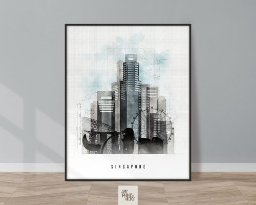 Framed artwork depicting a watercolor cityscape of Singapore with modern buildings and abstract elements.