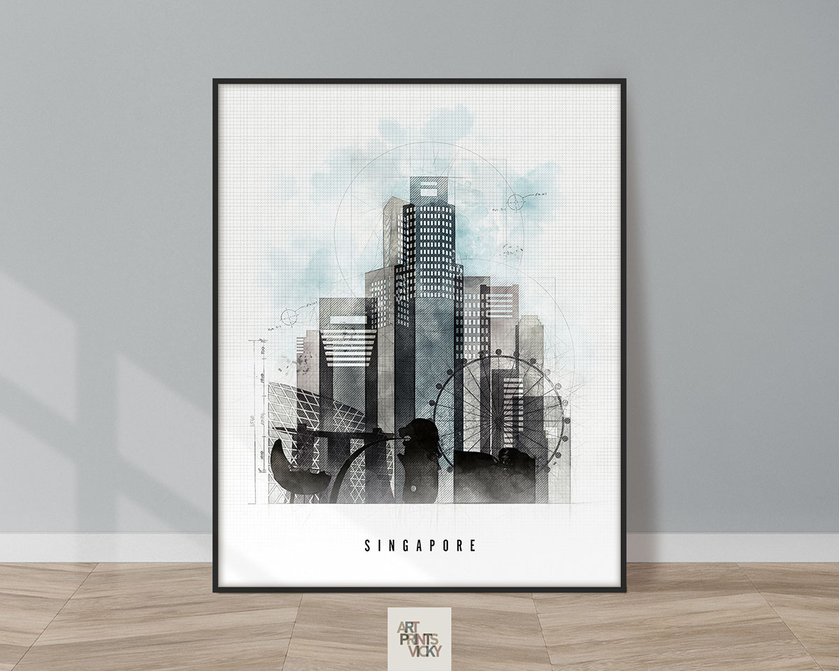 Framed artwork depicting a watercolor cityscape of Singapore with modern buildings and abstract elements.