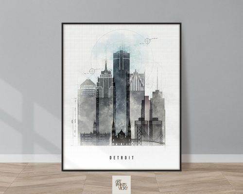 Artistic representation of Detroit's skyline with geometric elements and a grid background.
