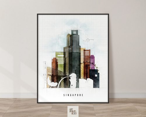 Art print depicting a stylized cityscape of Singapore with buildings and abstract elements.