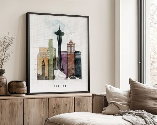 Art print featuring a stylized cityscape of Seattle with prominent buildings and the Space Needle.