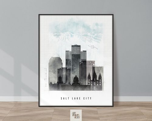 Art print featuring a stylized illustration of Salt Lake City skyline with mountains in the background.