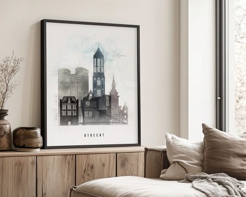 Framed art print depicting a cityscape of Utrecht with buildings and a tower.