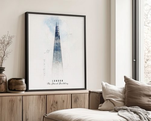 Framed artwork depicting The Shard building in London with a minimalist design.