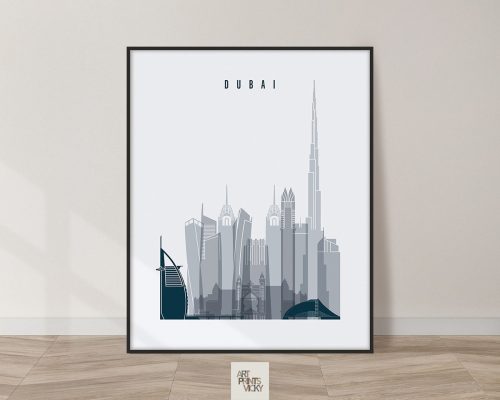 Stylized illustration of the Dubai city skyline featuring notable buildings and structures.