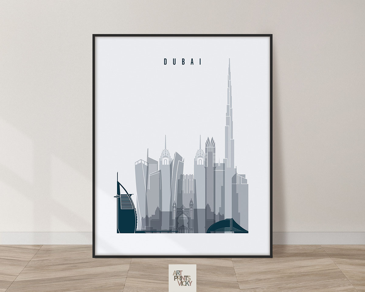 Stylized illustration of the Dubai city skyline featuring notable buildings and structures.