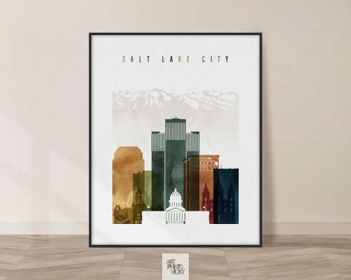 Art print featuring a stylized skyline of Salt Lake City with various building silhouettes.