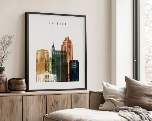 Art print of Raleigh city skyline featuring various buildings in a stylized design.
