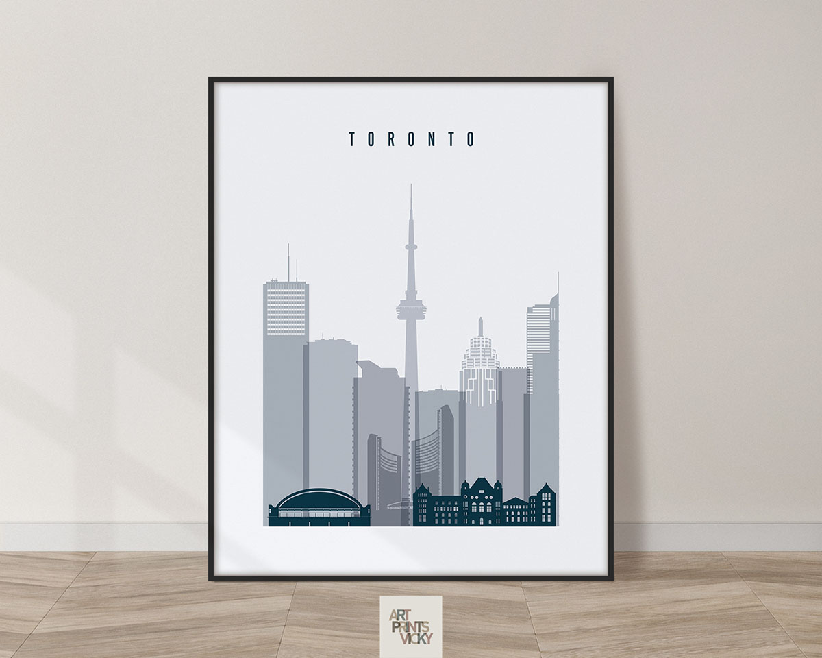 Framed print of Toronto city skyline featuring iconic buildings and the CN Tower.