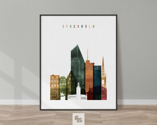 Art print featuring a stylized skyline of Stockholm with various building silhouettes.