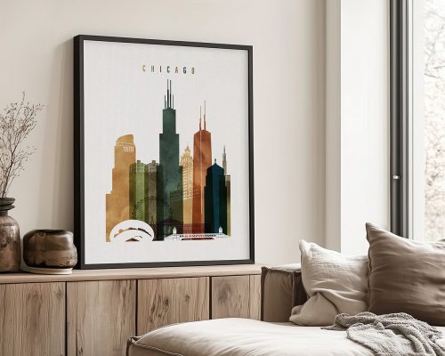 Art print of a cityscape featuring buildings and landmarks from Chicago in various colors.
