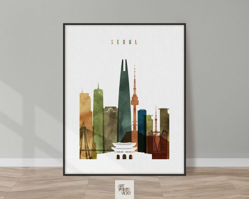 Art print featuring a stylized cityscape of Seoul with notable buildings and landmarks.
