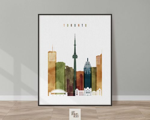 Art print of the Toronto city skyline featuring various buildings and the CN Tower.