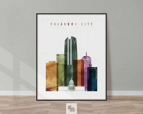 Artistic representation of the Oklahoma City skyline with colorful geometric shapes.