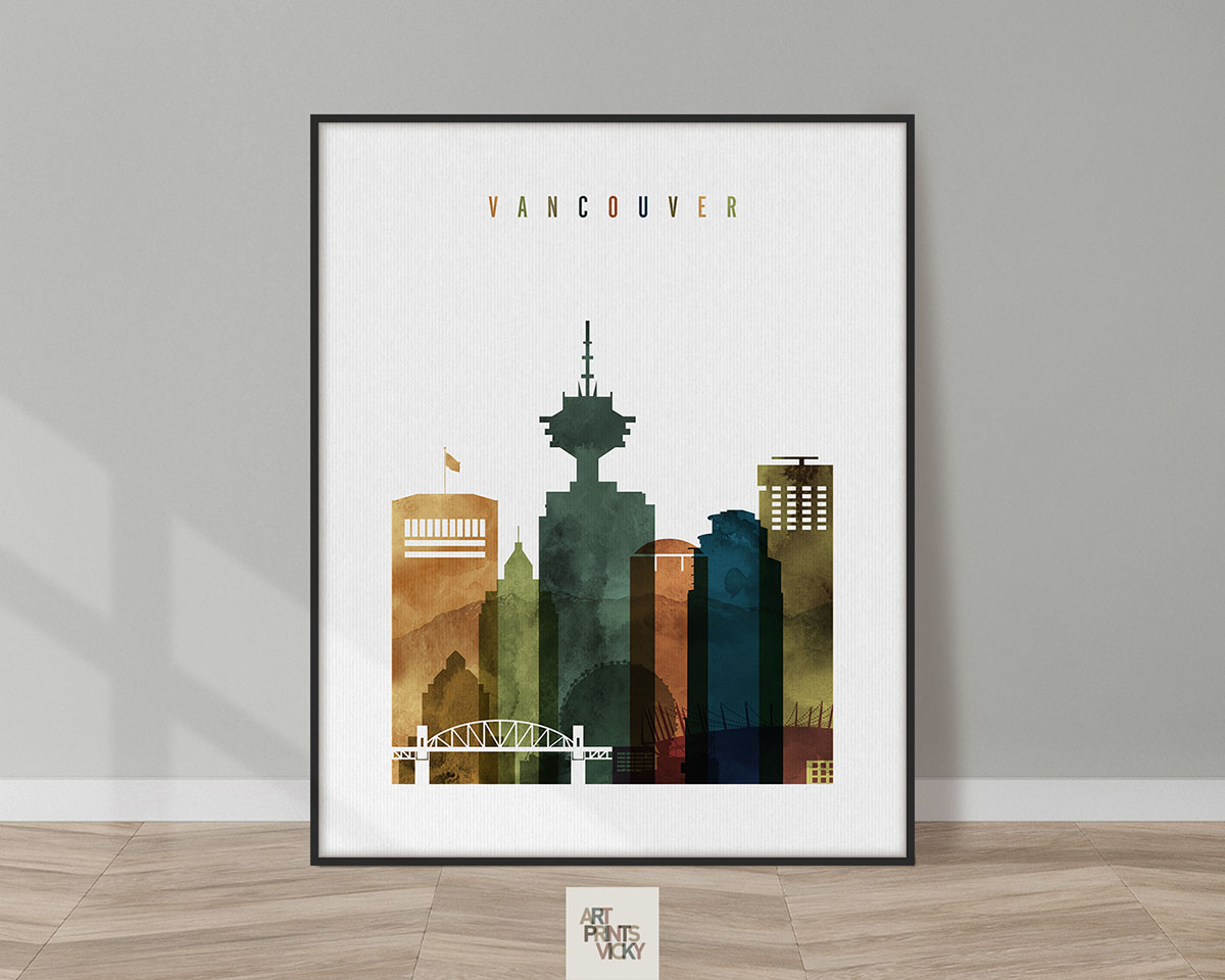 Art print of the Vancouver city skyline featuring various buildings and structures in a colorful design.