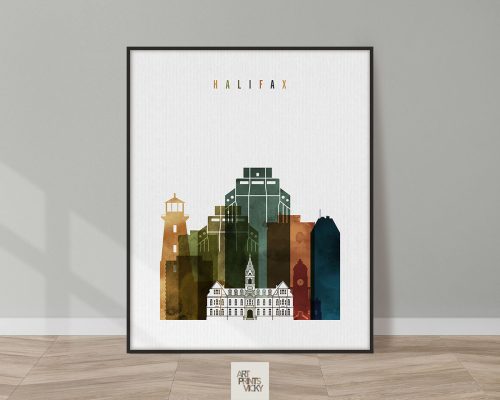 Artistic representation of Halifax cityscape with buildings and a lighthouse in various colors.