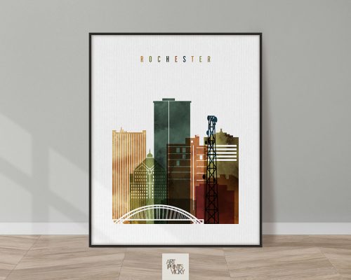 Art print featuring a stylized cityscape of Rochester with buildings and a bridge.