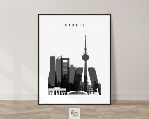 Black and white illustration of Madrid skyline with notable buildings and structures.