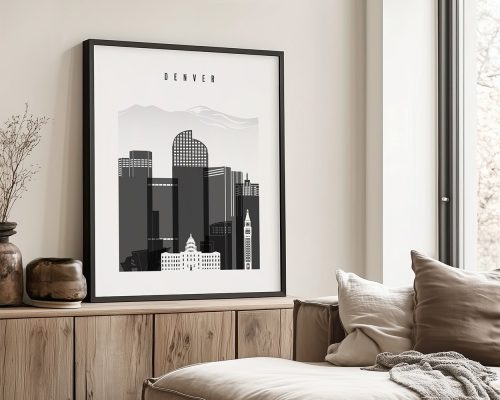Framed art print of Denver cityscape featuring skyscrapers and mountains in a minimalist design.