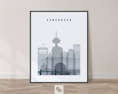 Stylized illustration of the Vancouver city skyline with prominent buildings and landmarks.