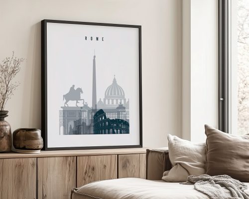 Art print featuring iconic landmarks of Rome, including the Colosseum and St. Peter's Basilica.