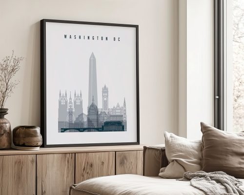 Framed cityscape print of Washington DC featuring notable landmarks and the Washington Monument.