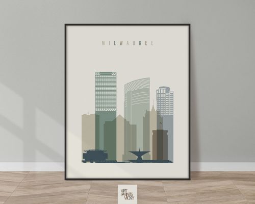 Art print featuring a stylized illustration of the Milwaukee skyline with notable buildings.