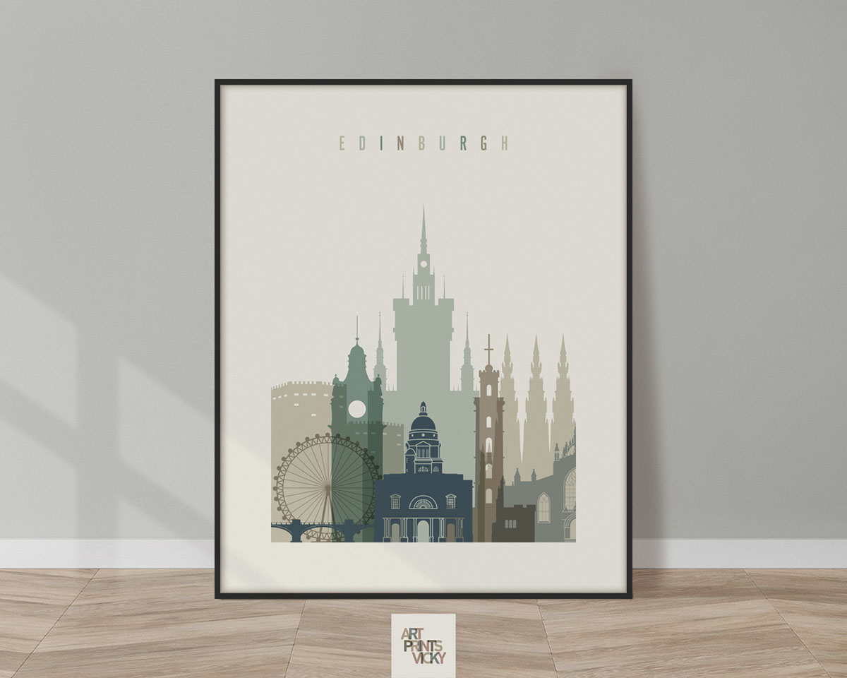 Art print featuring a stylized cityscape of Edinburgh with notable buildings and landmarks.